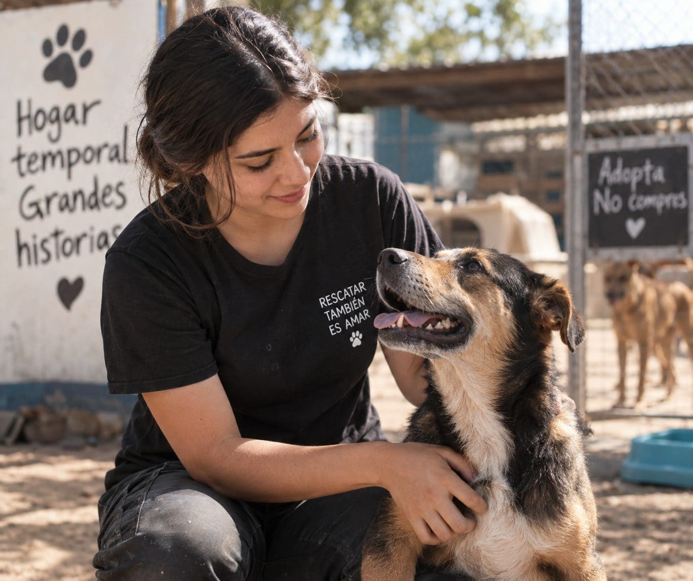 Una rescatista acompaña a un perro en el patio de un refugio