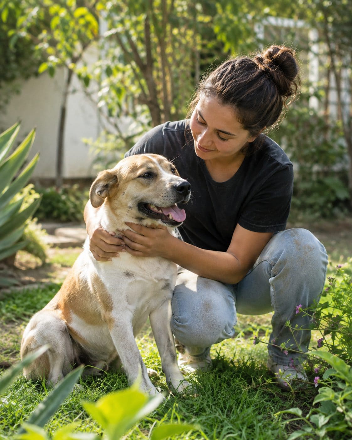 Una rescatista revisa a un perro recuperándose en un jardín
