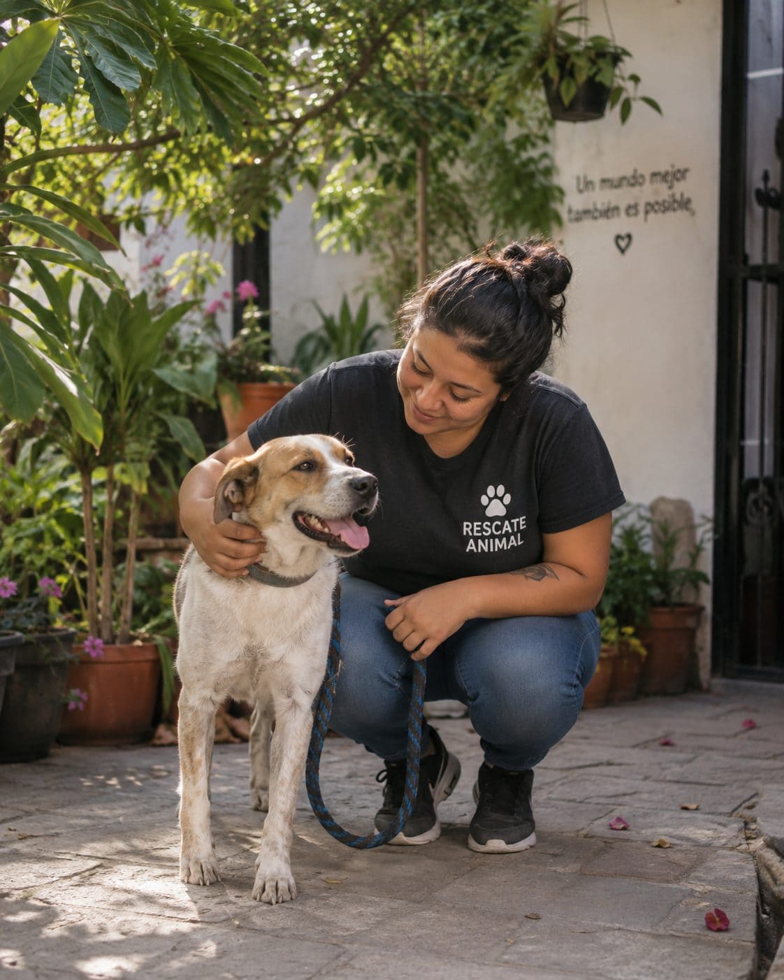 Una rescatista pasea con un perro listo para adopción