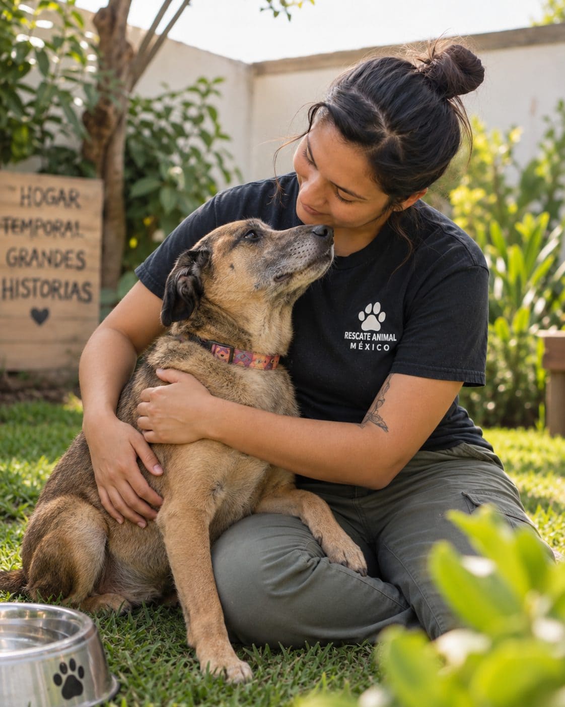 Una rescatista abraza a un perro que ya encontró familia