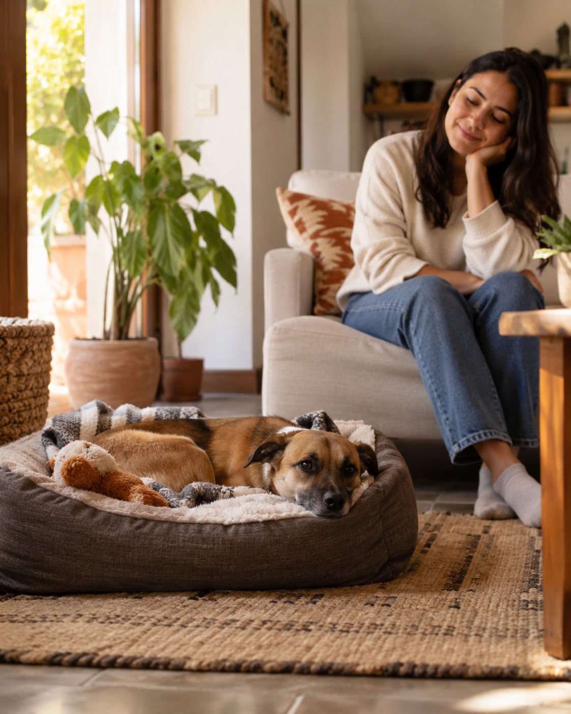 Persona revisando con calma a su perro en casa.