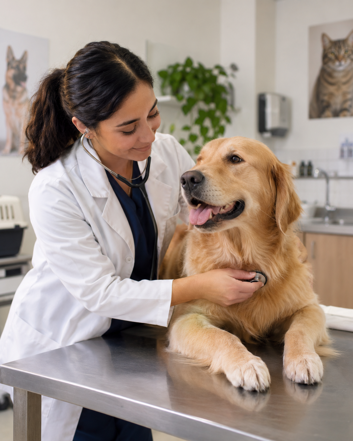 Veterinaria revisando a un perro durante una consulta preventiva.