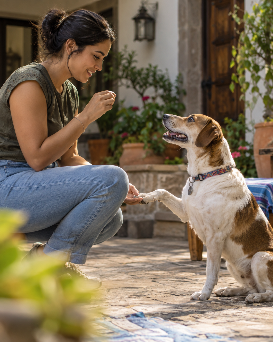 Persona entrenando a un perro al aire libre con refuerzo positivo.