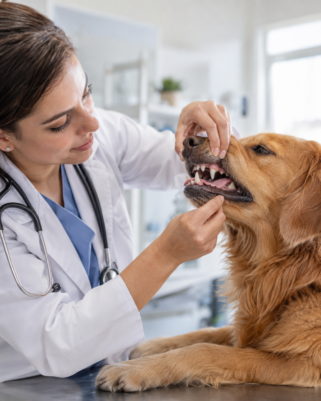 Veterinaria realizando una revisión dental a un perro.