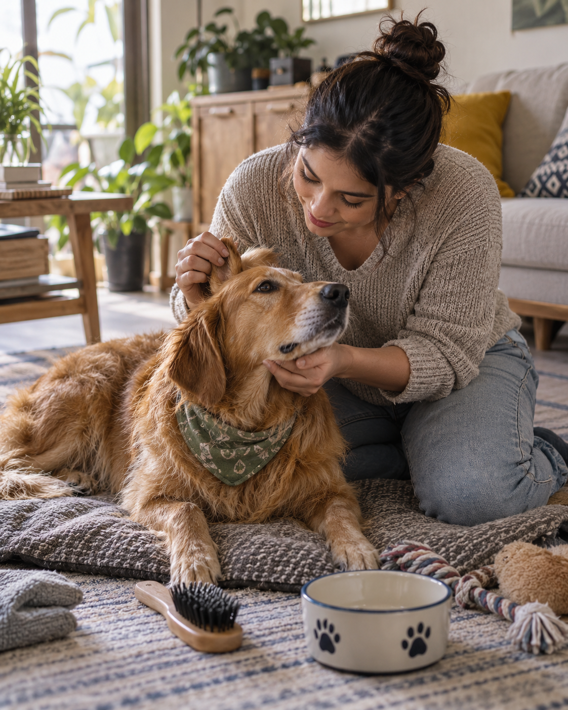 Familia acompañando con calma a su perro en casa.