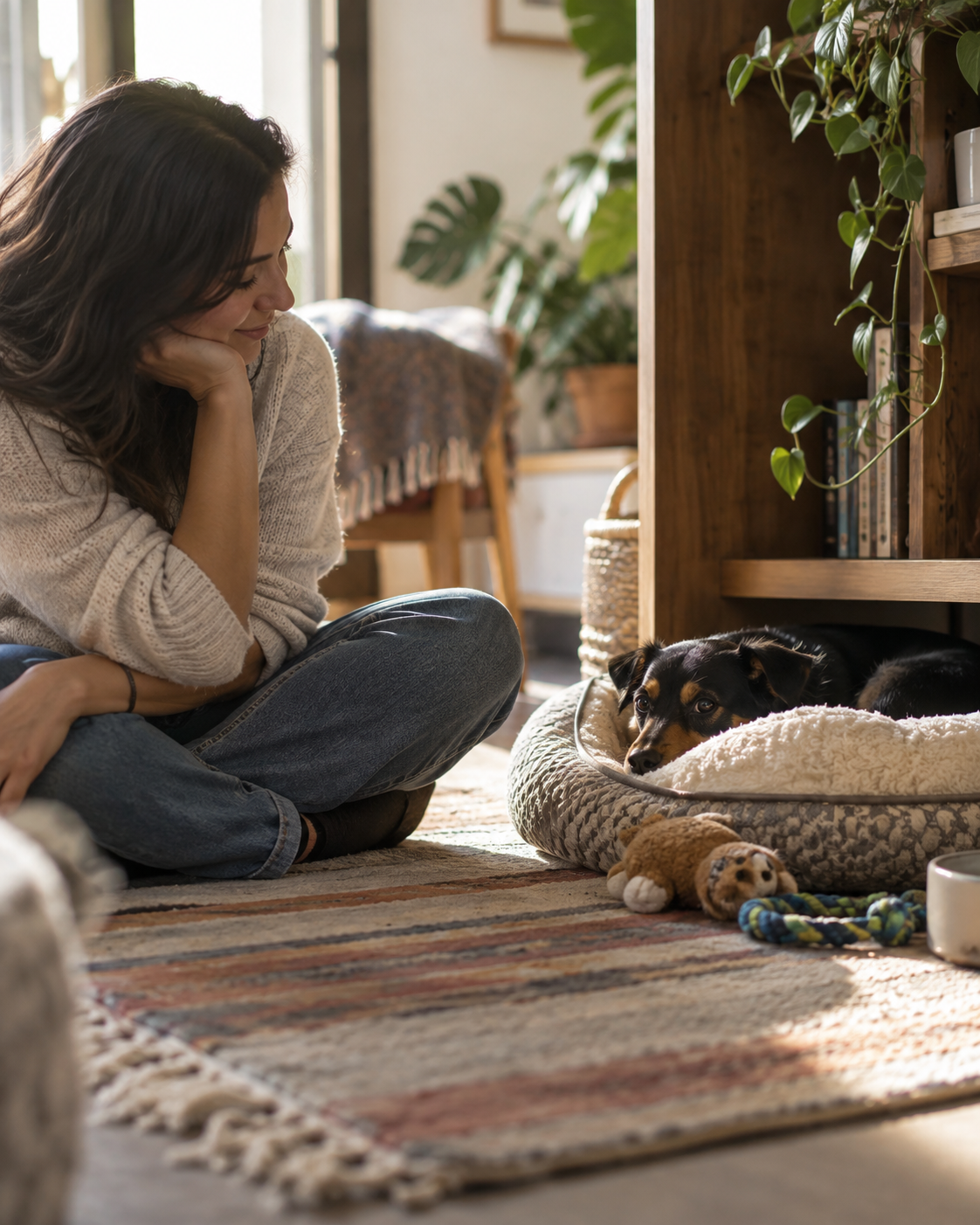 Perro descansando en casa junto a su cuidadora.