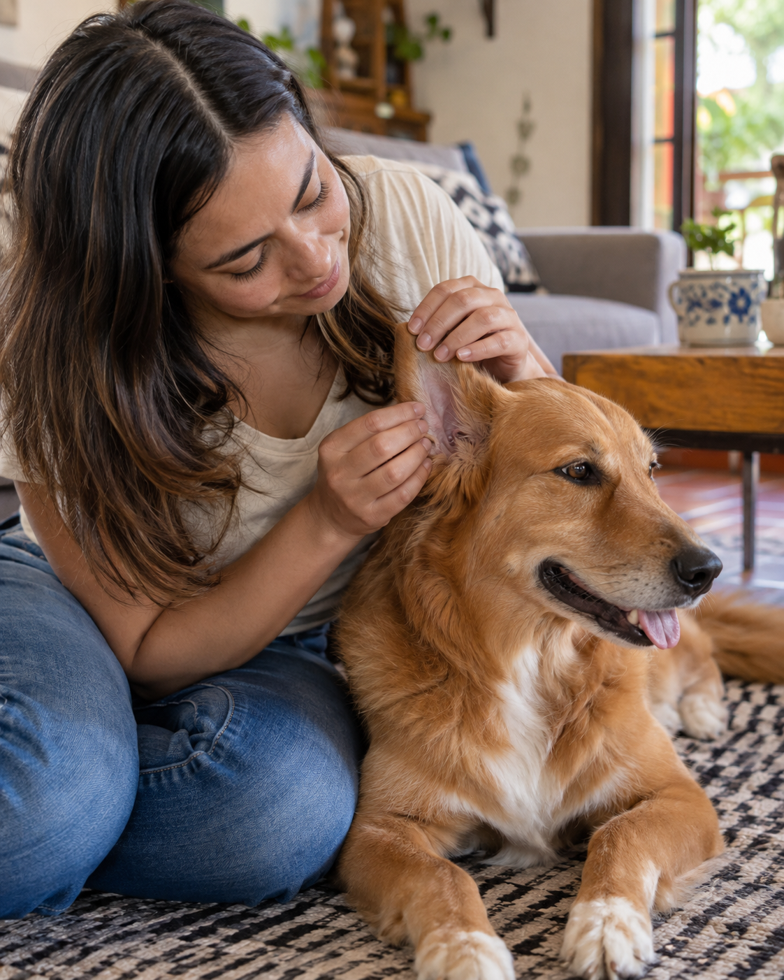 Cuidadora cepillando suavemente a su perro en casa.